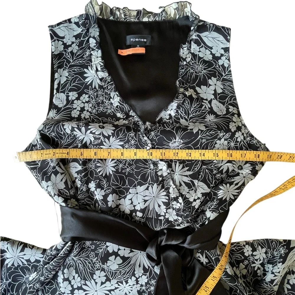 Spense Black White Floral Silk Special Occasion Dress, Satin Sash, 12 - Picture 7 of 9